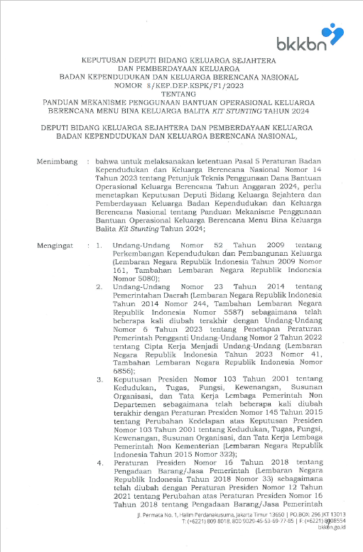 Keputusan Deputi KSPK Nomor 8/KEP.DEP.KSPK/F1/2023 Tentang Panduan Mekanisme Penggunaan BOKB Menu BKB Kit Stunting Tahun 2024